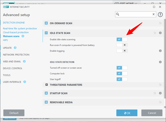 Enable Idle-state scanning in ESET Internet Security