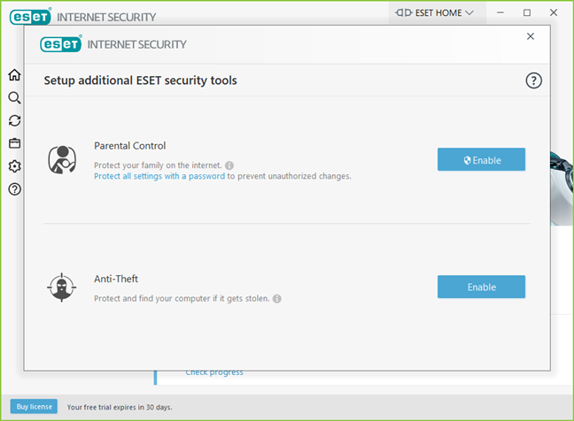 Choosing the additional ESET security tools to enable