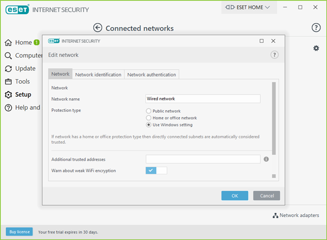 ESET firewall options for the network protection type