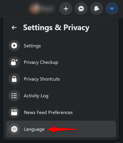 Press Language to access the Facebook language settings