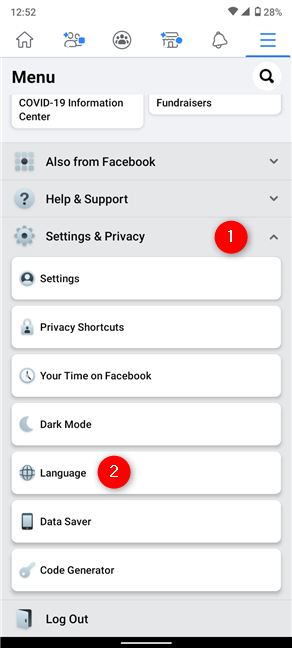 Access Language from the Settings & Privacy dropdown menu to change Facebook language
