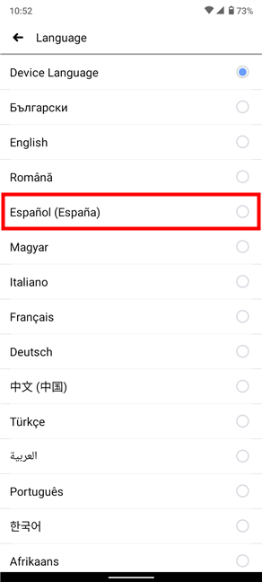 The Facebook language settings on the Android app