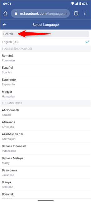 Facebook language settings in the mobile version of the website