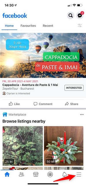 Press the menu button from the lower-right corner of your iOS Facebook app