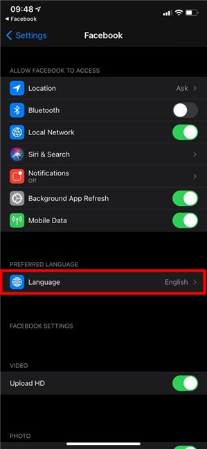 How to change language in Facebook from the iOS Settings app
