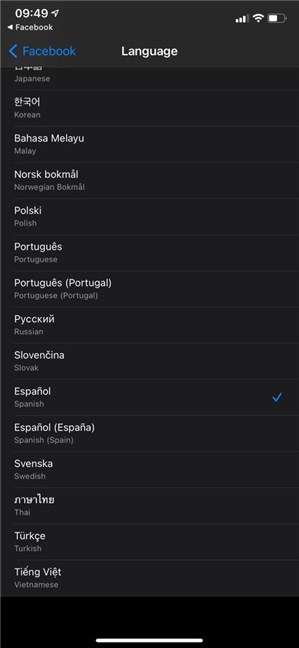 Facebook language settings for the iOS version of the app