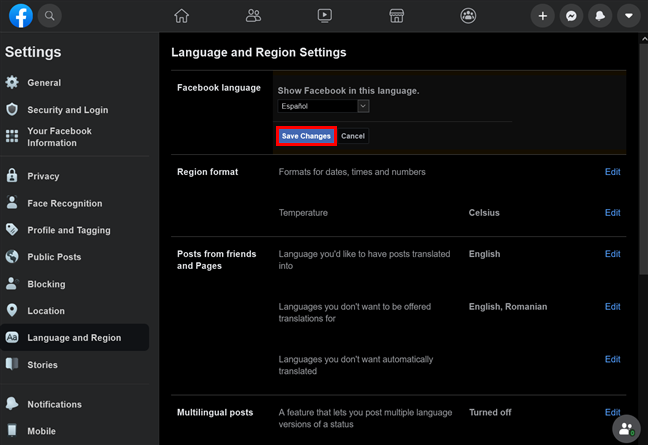 Press Save Changes to enjoy the new Facebook language settings