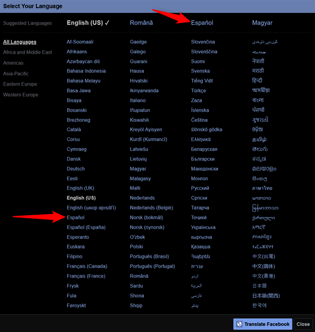 How to change language in Facebook from the Select Your Language page