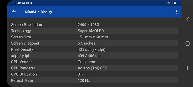 Samsung Galaxy S20 FE 5G: Display specs