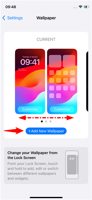 Swipe to select a different wallpaper or Add New Wallpaper