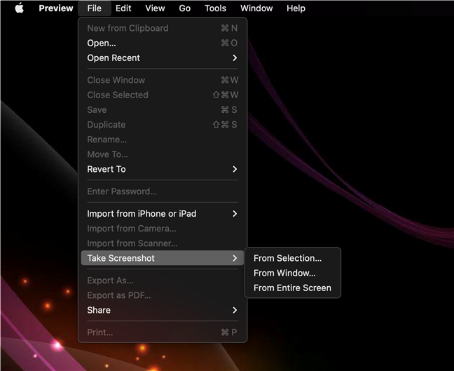 Preview offers three options to screenshot on Mac