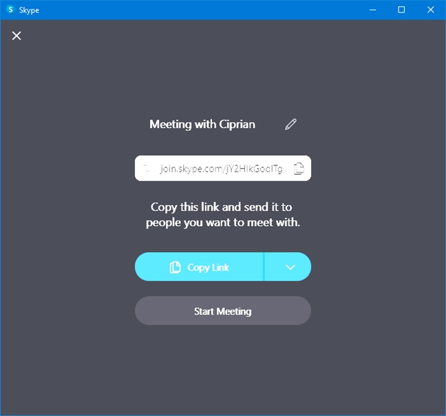 Meet Now generated a meeting link