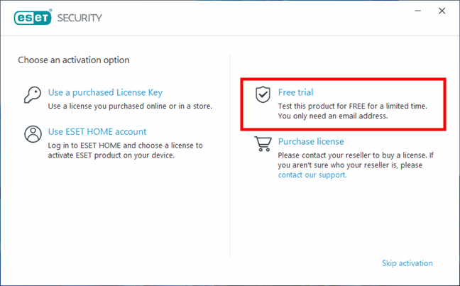 Choosing how to activate ESET NOD32 Antivirus