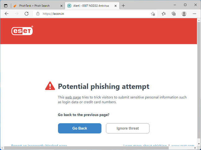 ESET NOD32 Antivirus blocking a phishing website
