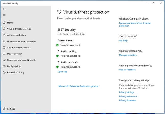 Windows Security shows that ESET NOD32 Antivirus is handling the Virus & Threat protection