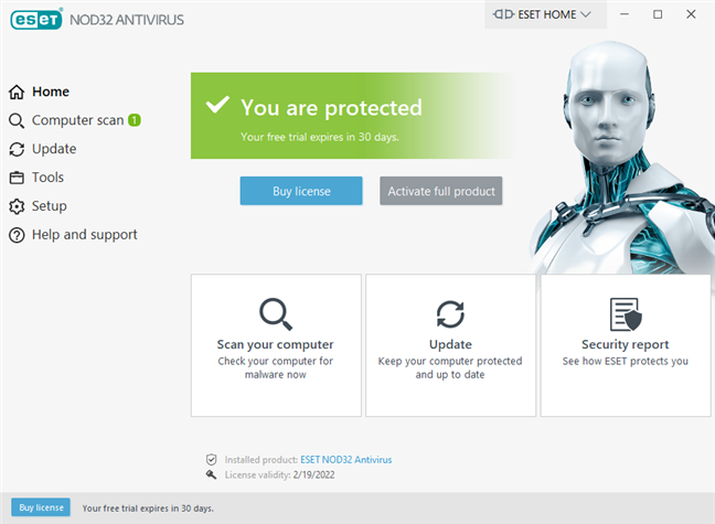 The homepage of the user interface of ESET NOD32 Antivirus