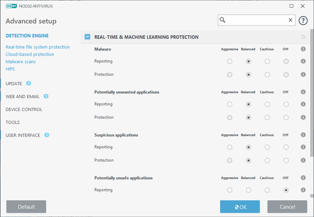 The Advanced setup settings from ESET NOD32 Antivirus