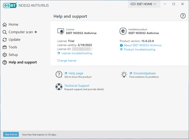 The Help and support options offered by ESET NOD32 Antivirus