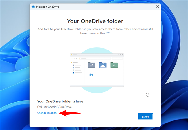 Selecting to Change location for OneDrive
