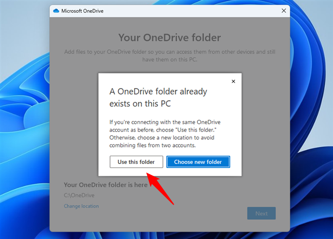 Choosing to Use this folder for OneDrive