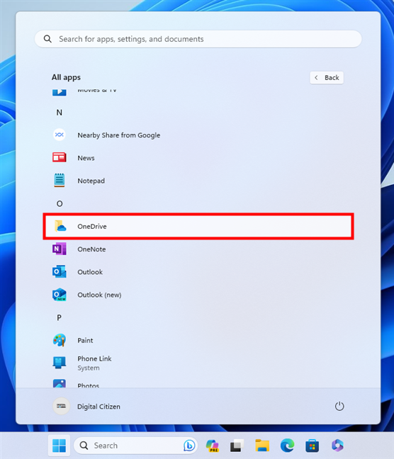 Opening OneDrive from the Start Menu