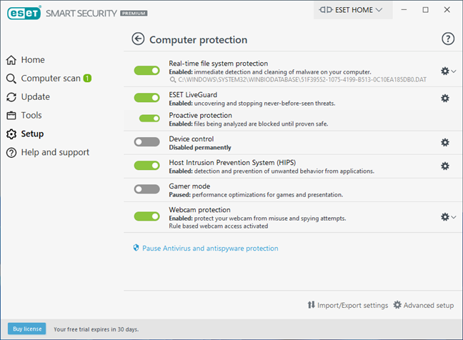 ESET Smart Security Premium setup options