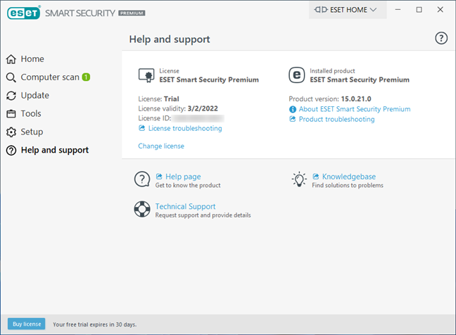 The Help and Support options available in ESET Smart Security Premium