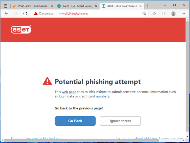 Phishing website blocked by ESET Smart Security Premium