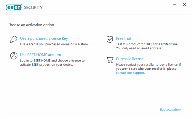 The ESET activation options