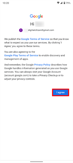 Agree to Google's terms to finish adding another Gmail account on Android