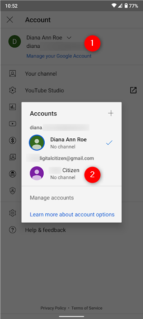 Switch Google Accounts from the pop-up on YouTube