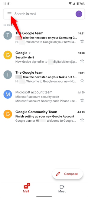 You can add a second Gmail account and see both sets of mails together