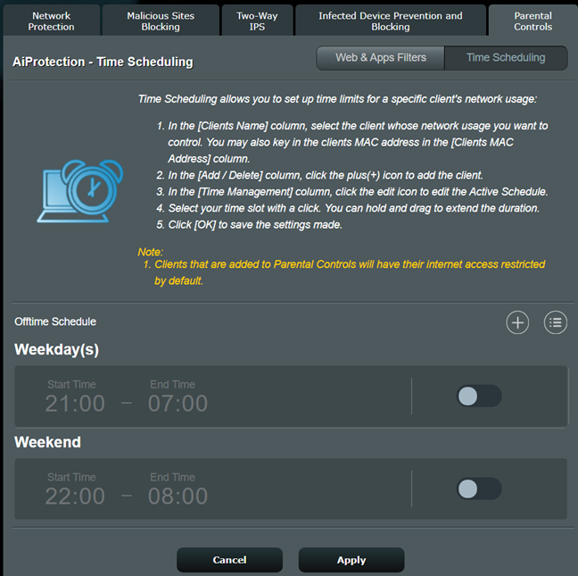 The default Time Schedule on your ASUS router