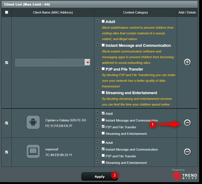 Remove a network client from ASUS parental controls