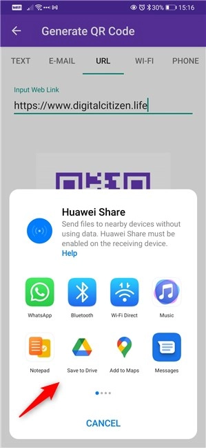 Saving or sending options for the QR code depend on your Android