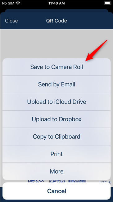Options to save, send, print the QR code, etc.