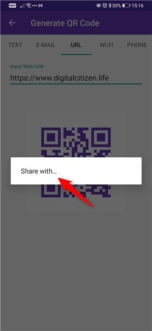 Choosing to share the QR code
