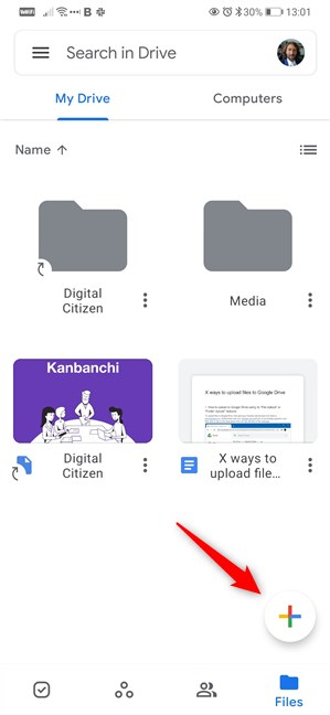 The Add button from the Google Drive app