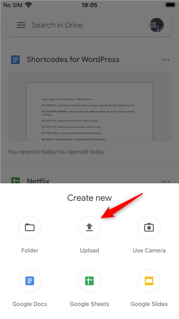 The Upload button from the Google Drive app on an iPhone