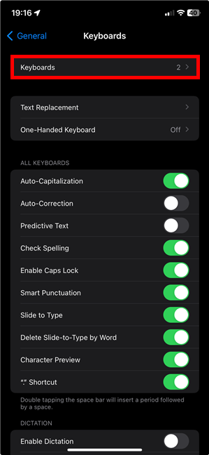 Press to see the active Keyboards for iPhone