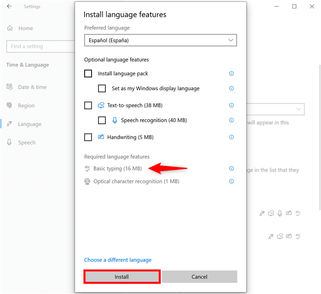 In Windows 10, add a keyboard language by installing Basic typing for it