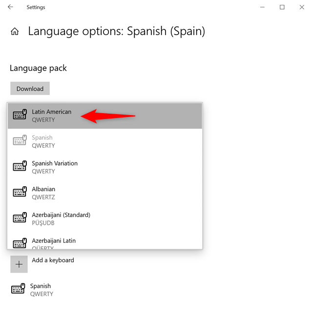 Choose the Spanish keyboard layout you prefer in Windows 10
