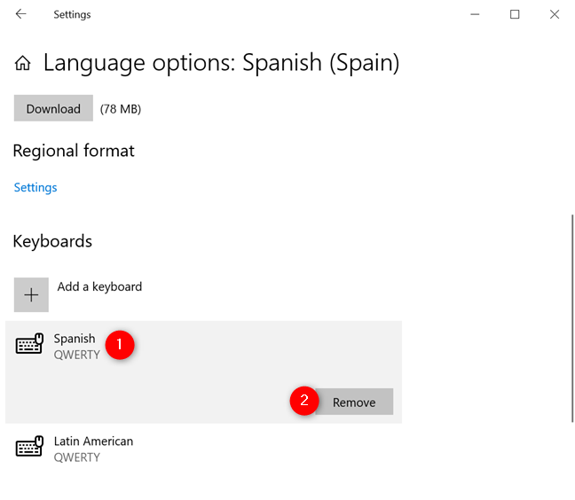 Remove a Spanish keyboard layout in Windows 10