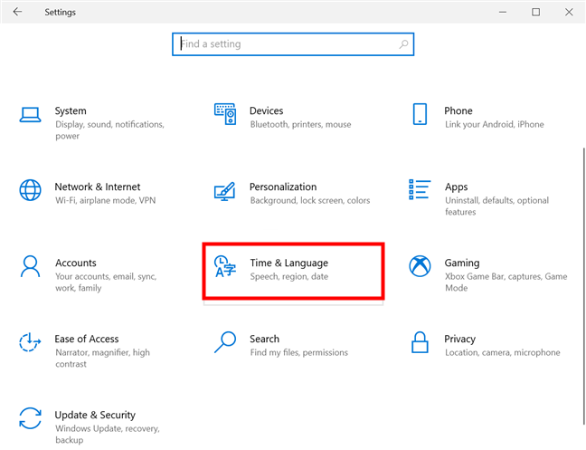 In Windows 10 Settings, access Time & Language