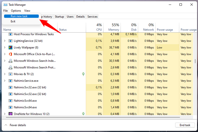 Using Task Manager to Run new task