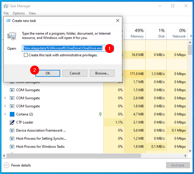 Start OneDrive from Windows 10's Task Manager