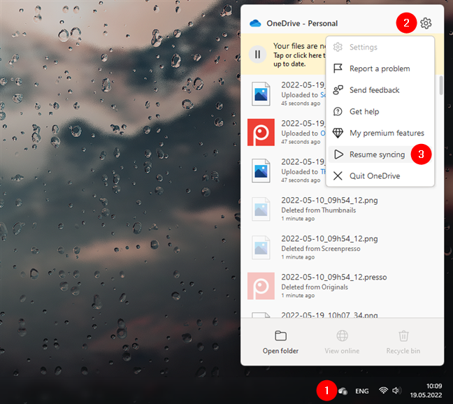 Resume syncing for OneDrive from its menu