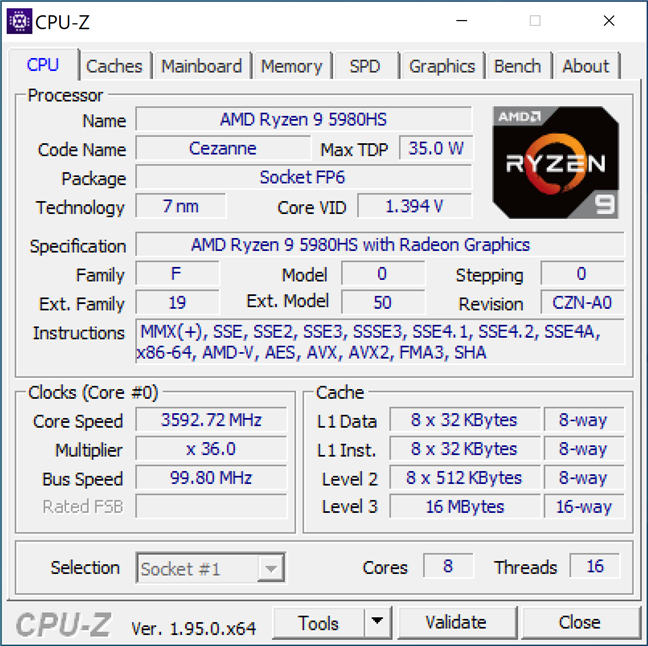 Processor details shown by CPU-Z