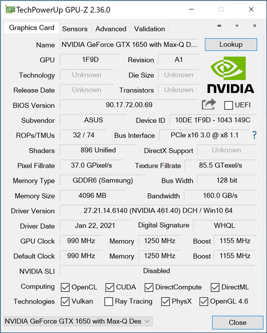 Graphics card details shown by GPU-Z