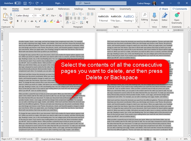 Selecting multiple pages and deleting them from Word